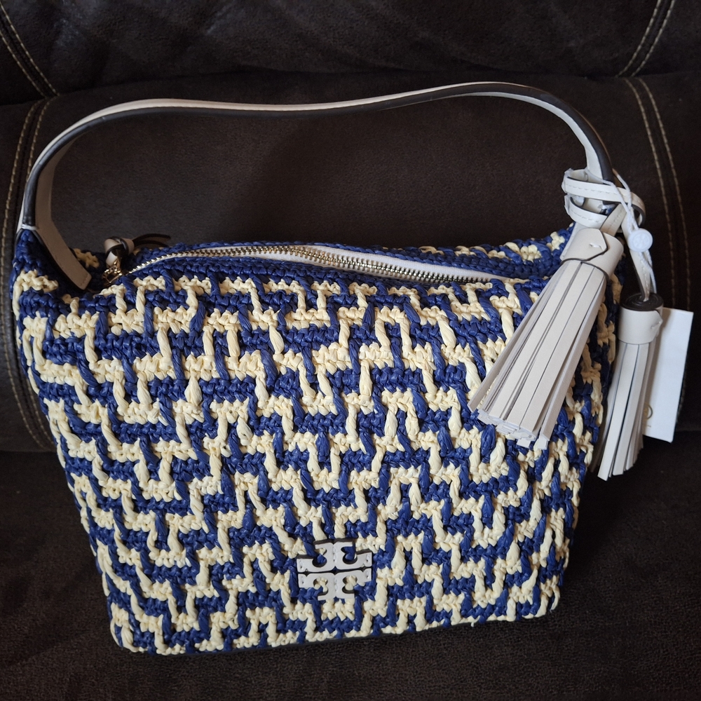 Tory Burch Blue and Cream Woven Shoulder Bag